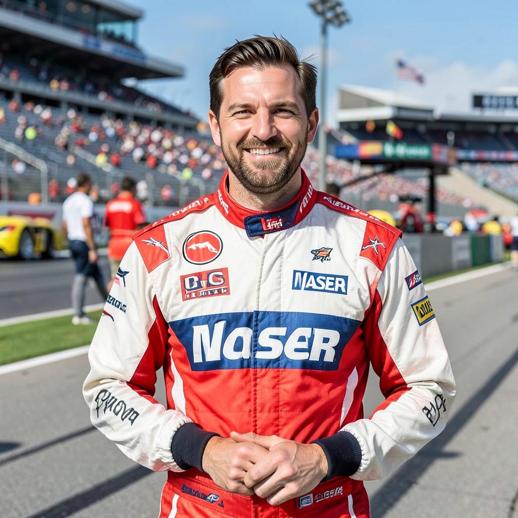 NASCAR car on track with advocate announcement branding, patriotic red white and blue colors, speed and motion on the racetrack